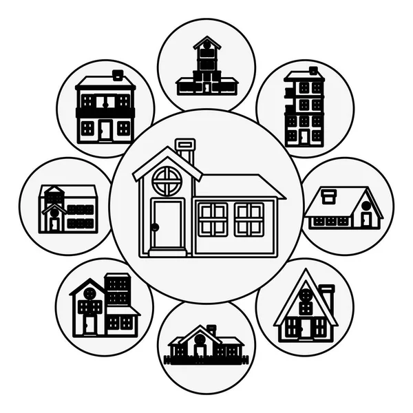 Patrón de silueta con diseño de logotipo de casas en burbujas — Vector de stock