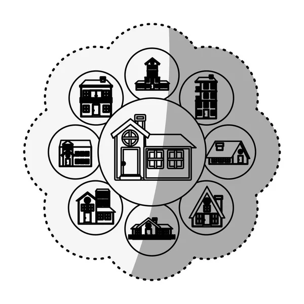Patrón de silueta pegatina con diseño de logotipo de casas en burbujas — Vector de stock