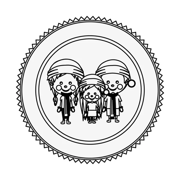 Monochrome contour circle with children with christmas clothes — Stock Vector