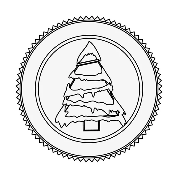 Μονόχρωμη περίγραμμα κύκλο με Χριστουγεννιάτικο δέντρο με χιόνι — Διανυσματικό Αρχείο