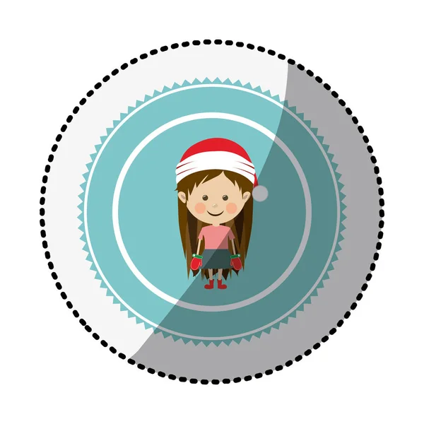 Cerchio di colore con adesivo ombra centrale con ragazza con vestiti di Natale — Vettoriale Stock