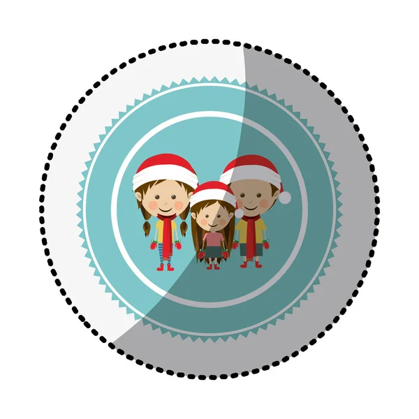 Kleurencirkel met middelste schaduw sticker met kinderen met kerst kleding — Stockvector