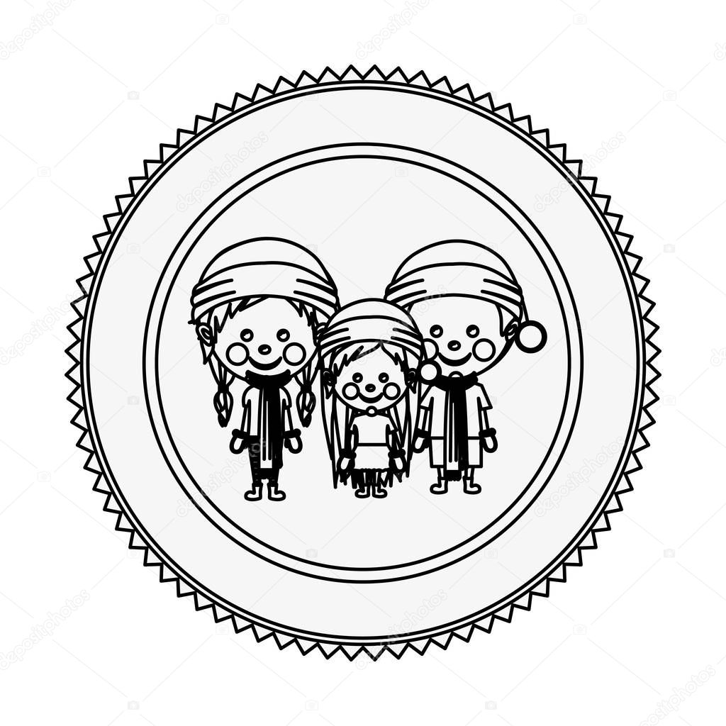 monochrome contour circle with children with christmas clothes