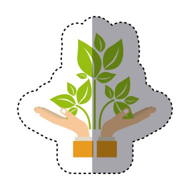 birkaç yaprakları ile bir dalı tutan eller renkli etiket