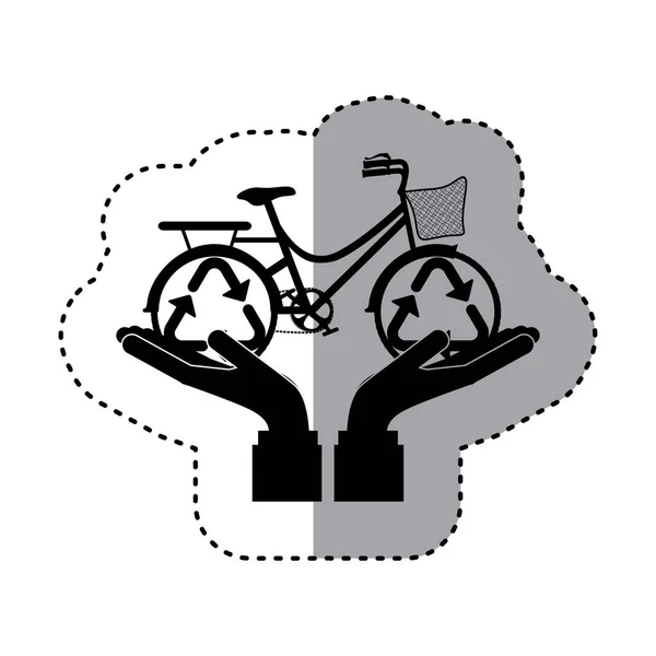 Autocollant silhouette des mains tenant un vélo avec symbole de recyclage — Image vectorielle