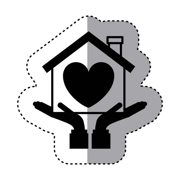 Etiqueta engomada silueta de manos sosteniendo una casa con el corazón dentro — Vector de stock
