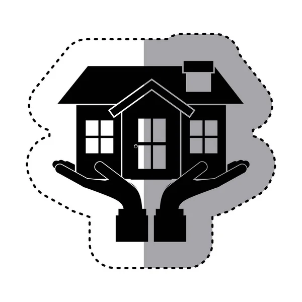 Sticker silhouette of hands holding a house with chimney — Stock Vector