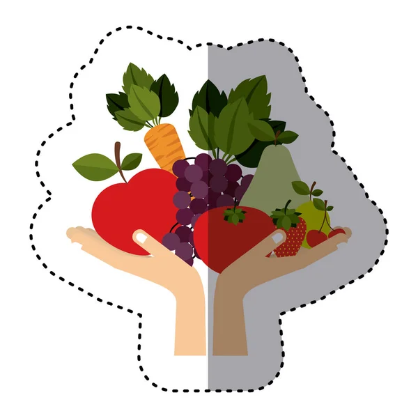 Stiker warna-warni tangan memegang beberapa buah-buahan dan sayuran - Stok Vektor