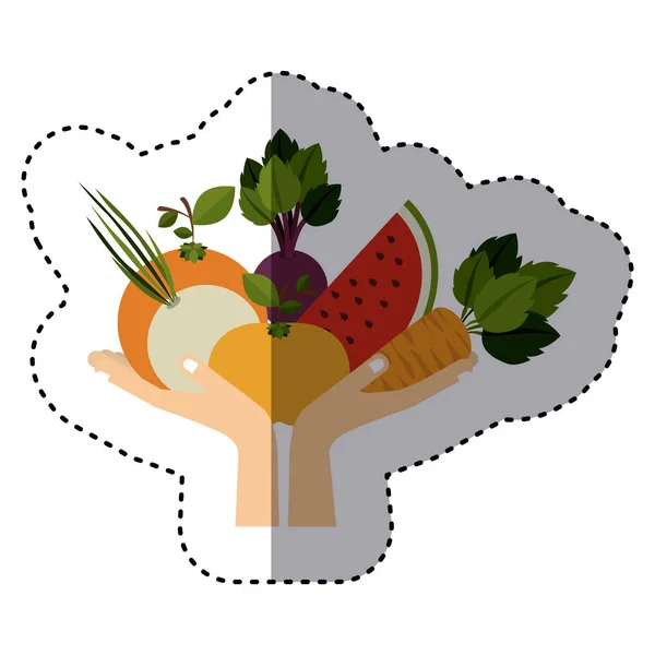 Etiqueta colorida de mão segurando alimentos saudáveis — Vetor de Stock