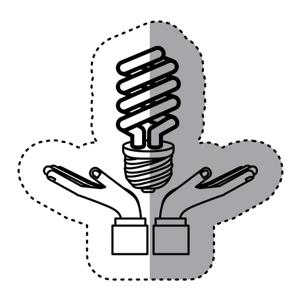 Pegatina contorno de las manos sosteniendo una bombilla moderna — Archivo Imágenes Vectoriales