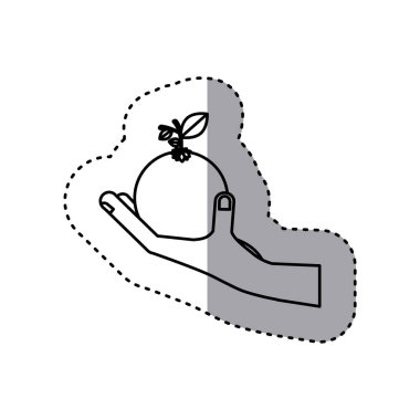 Turuncu meyve tutan el etiket kontur