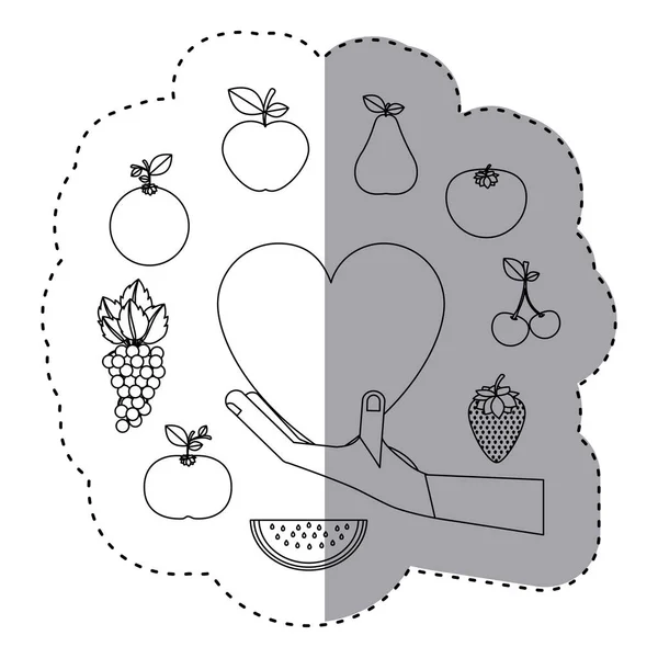 Autocollant contour de la main tenant un coeur avec bordure de fruits — Image vectorielle