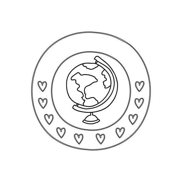 心と世界の地図シルエット円形の境界線 — ストックベクタ