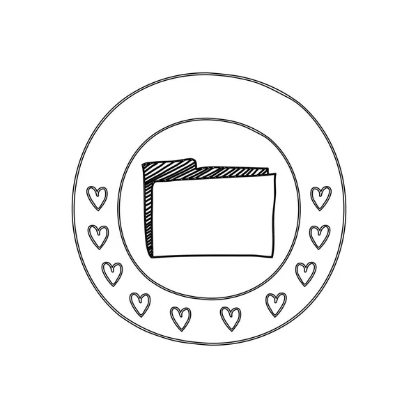 Silueta borde circular con corazones y carpeta de oficina — Archivo Imágenes Vectoriales