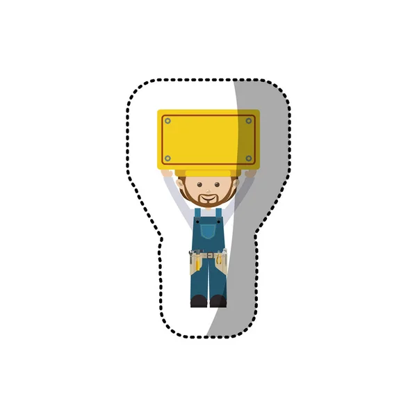 Trabalhador avatar adesivo com kit de ferramentas e placa para cima — Vetor de Stock