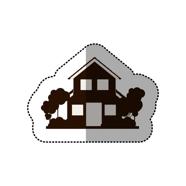 Sticker silhouette house of two floors with trees — Stock Vector