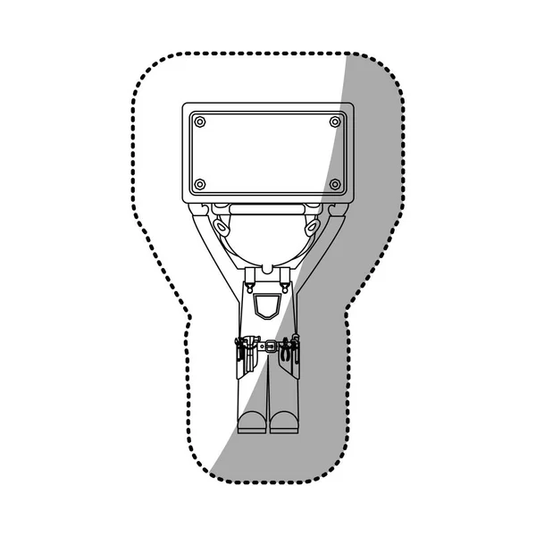 Aufkleber Kontur Cartoon Arbeiter mit Toolkit und Plakette nach oben — Stockvektor