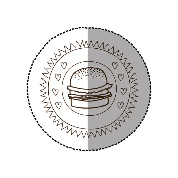 Marco circular monocromo con etiqueta engomada de sombra central con hamburguesa — Vector de stock