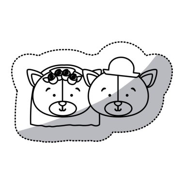 etiket tek renkli kontur ve yüzleri çift evli ayıların yarı gölge