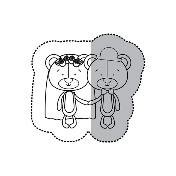 Наклейка монохромная с полутенью с парой медведей только что женился — стоковый вектор