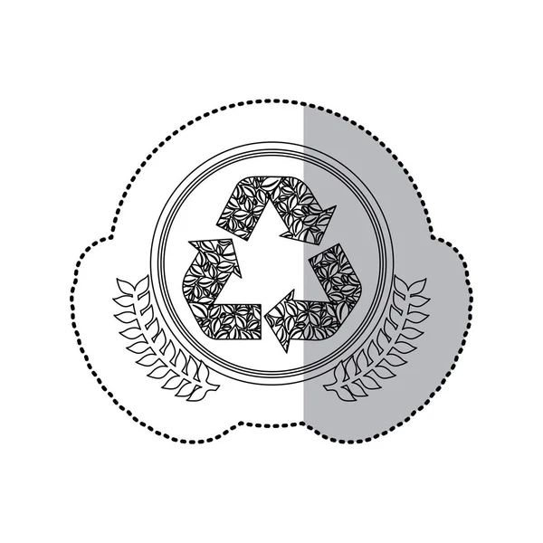Autocollant monochrome avec demi ombre et symbole de recyclage dans un cadre rond avec couronne de feuilles — Image vectorielle