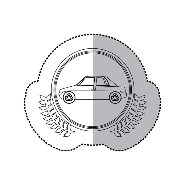 Наклейка монохромная полутень и автомобиль в круглой рамке с короной из листьев — стоковый вектор