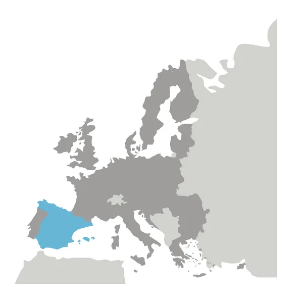 Gråskala siluett med Europa karta och Spanien i blå färg — Stock vektor