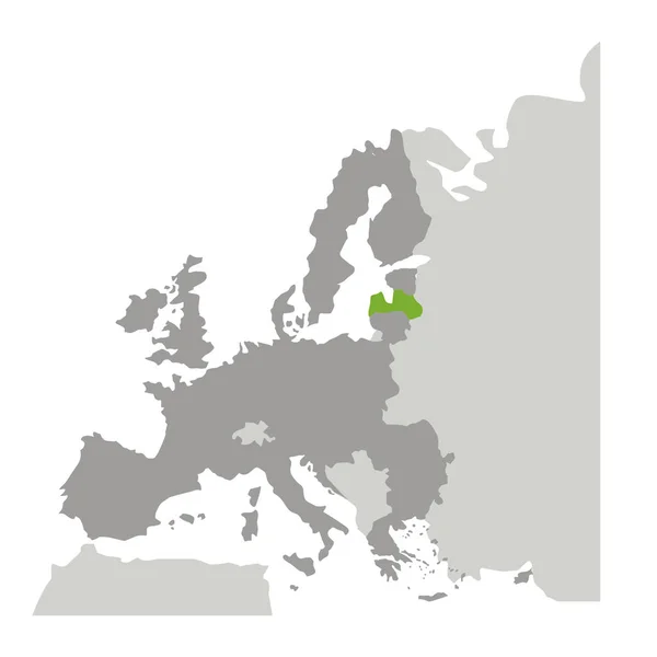 Gråskala siluett med Europa karta och Lettland i grön färg — Stock vektor