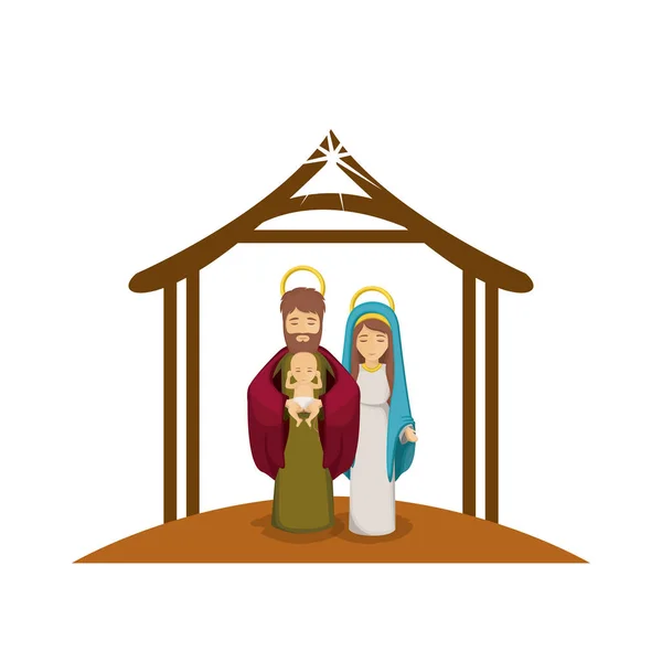 Färgglada bilden med jungfru Maria och Sankt Josef med baby i beväpnar under krubban — Stock vektor
