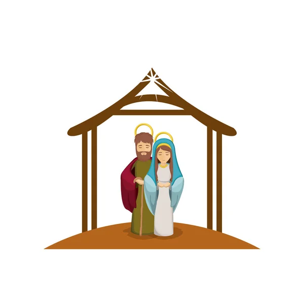 Imagen colorida con Virgen María y San José abrazado bajo pesebre — Vector de stock