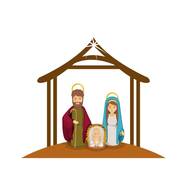 Imagen colorida con Virgen María y santo Joseph y Jesús en cuna bajo pesebre — Vector de stock