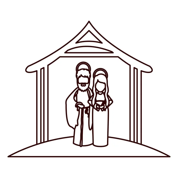 Contorno monocromático com Maria virgem e santo joseph abraçado sob manjedoura — Vetor de Stock