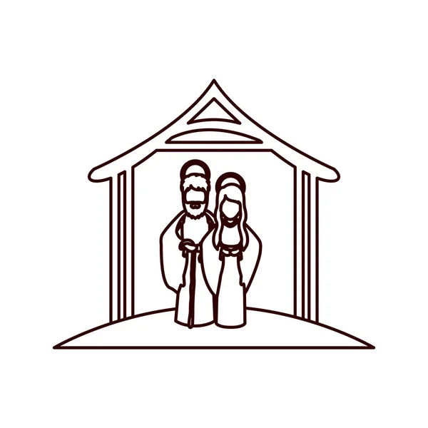 Contour monochrome avec Marie vierge et saint Joseph embrassé sous la crèche — Image vectorielle