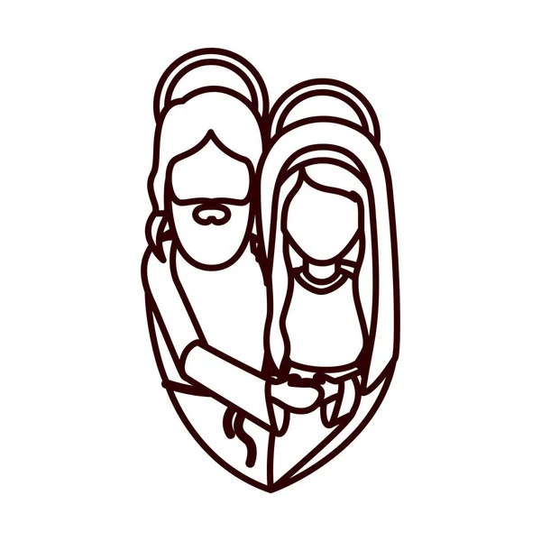 Contorno monocromo con medio cuerpo de María virgen y Jesús abrazado — Vector de stock