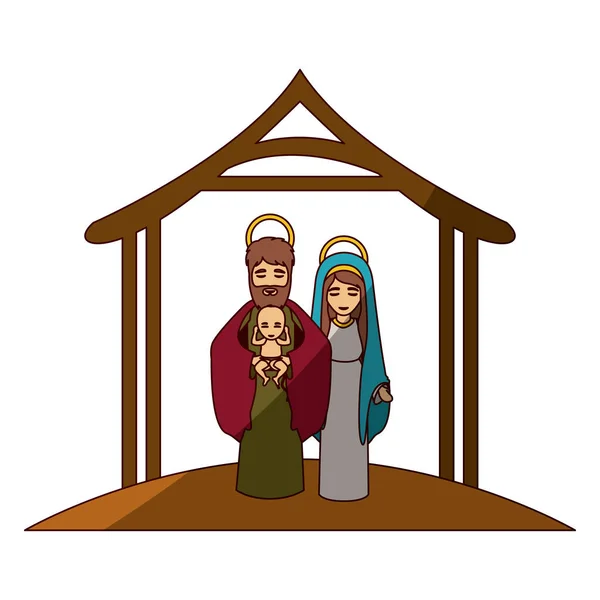 Imagen colorida con Virgen María y santo Joseph con bebé en brazos bajo pesebre y sombra media — Vector de stock