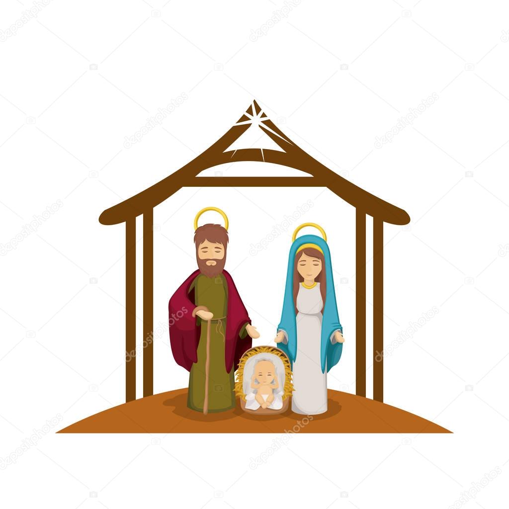 colorful image with virgin mary and saint joseph and jesus in crib under manger