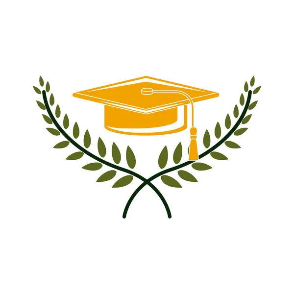 Silueta con ramas cruzadas con hojas y gorra de graduación — Vector de stock