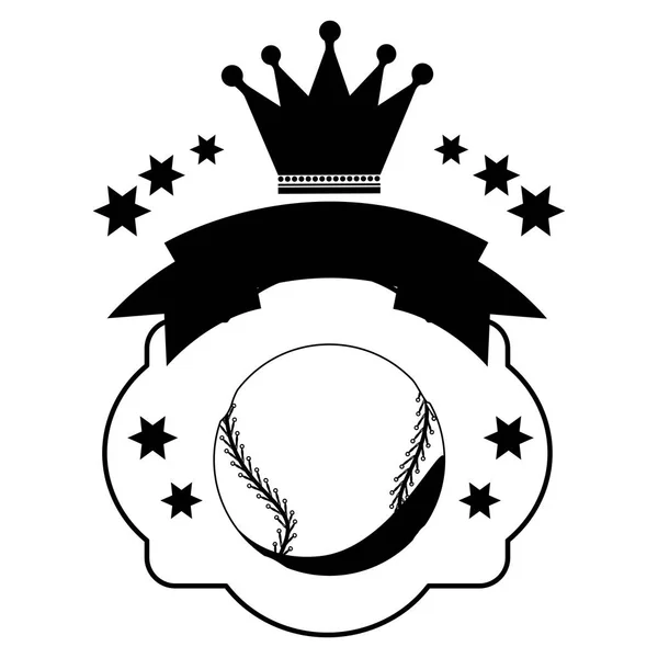 Héraldique monochrome avec balle de baseball et ruban et couronne — Image vectorielle