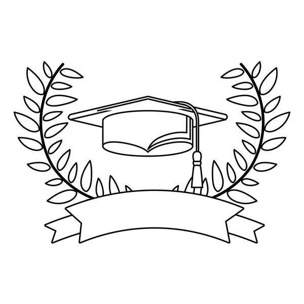 Contour monochrome avec branches de couronne avec feuilles avec ruban et capuchon de graduation — Image vectorielle