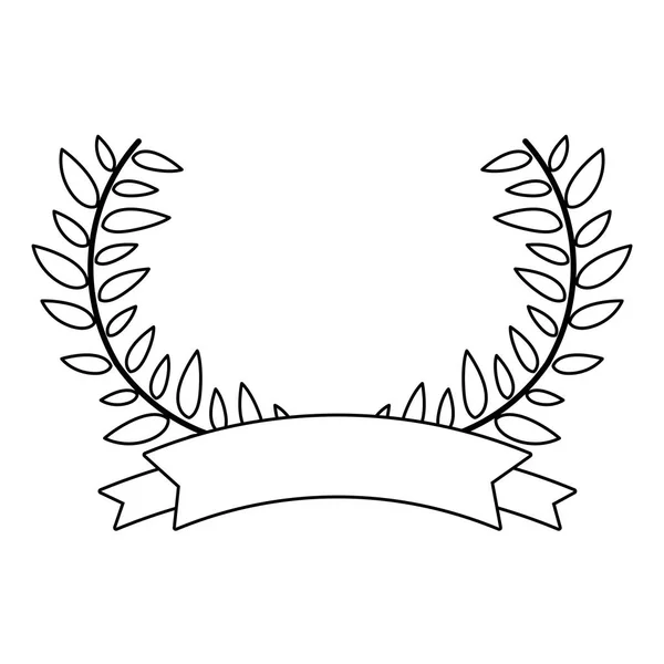 Contour monochrome avec branches aux feuilles en forme de couronne avec ruban — Image vectorielle