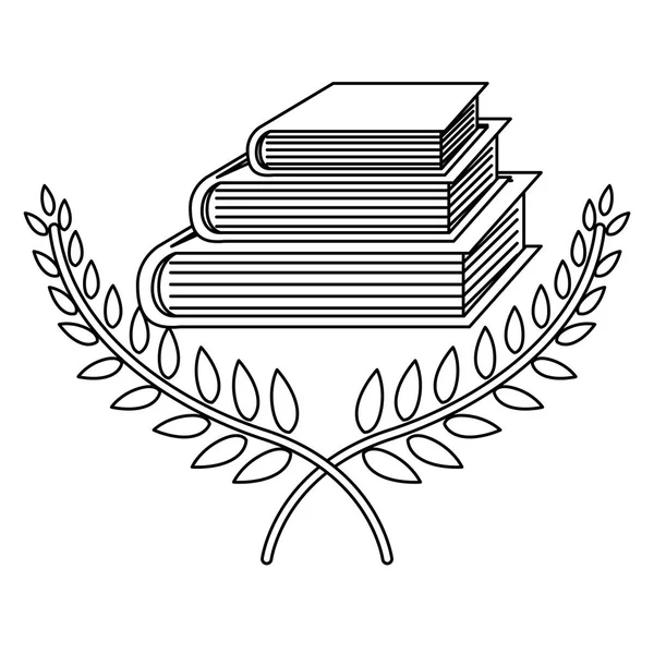Μονόχρωμη περίγραμμα με τεμνόμενες branchs με φύλλα και βιβλία και κορδέλα — Διανυσματικό Αρχείο