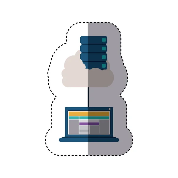 Pegatina con el gabinete de archivos en la nube conectarse a la computadora portátil de tecnología — Vector de stock