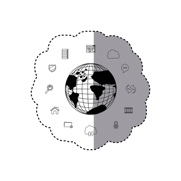 Monochromatyczne sylwetka naklejki zestaw kolekcja office tecnology z mapa ziemia świat — Wektor stockowy