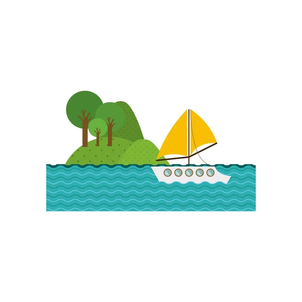 Paysage forêt fond avec lac et yacht — Image vectorielle