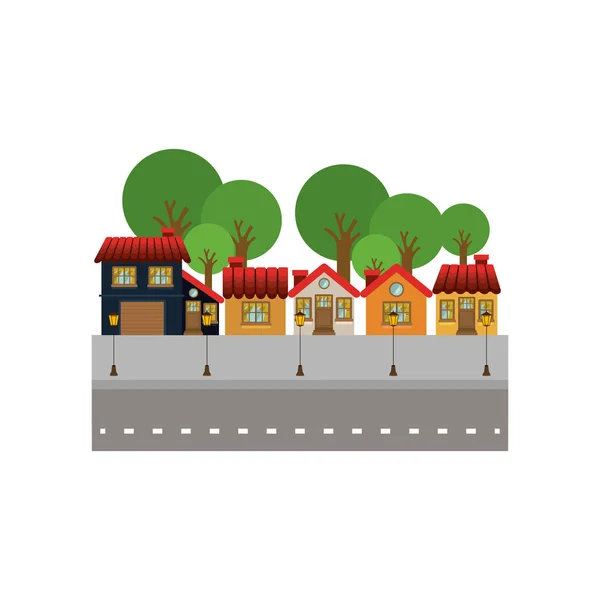 Façade colorée bâtiments dans la rue avec des arbres — Image vectorielle