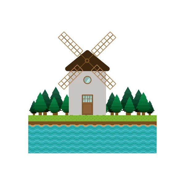 Landschaft Wald Hintergrund mit Windmühle — Stockvektor