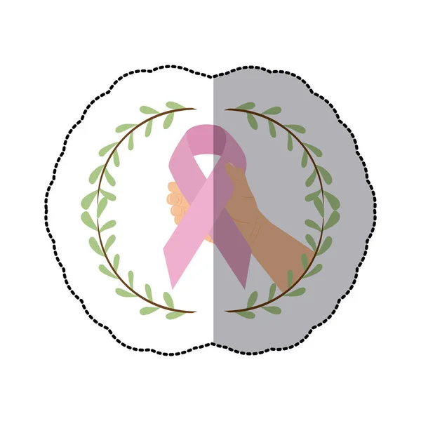Arco adesivo de folhas com mão segurando uma fita símbolo rosa do câncer de mama — Vetor de Stock