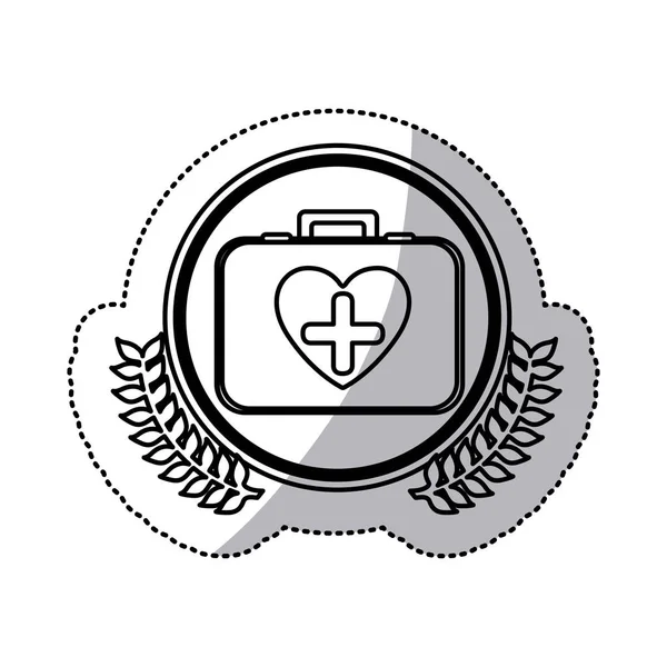 Monochrome sticker with firts aid kit with symbol cross in heart in circle with olive branchs — Stock Vector