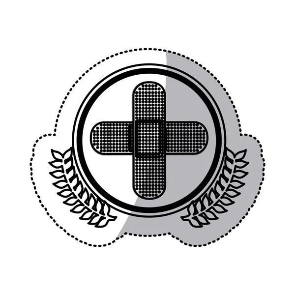 Autocollant monochrome avec cercle avec branches d'olivier et pansement en croix — Image vectorielle