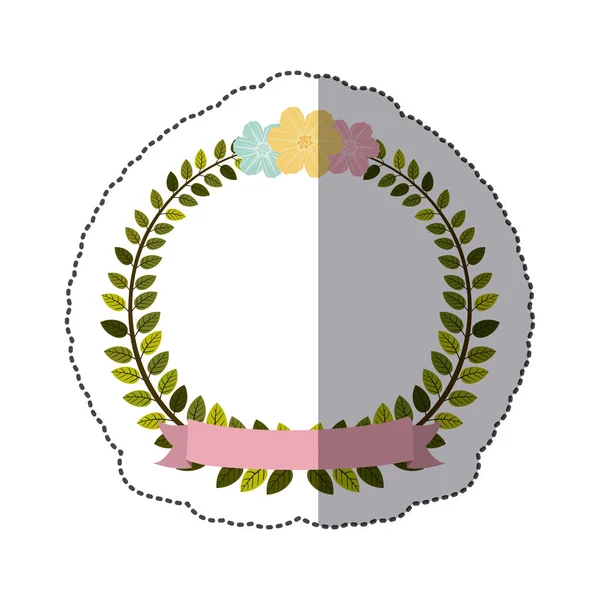 Adesivo arco colorato di foglie con fiori pastello ed etichetta — Vettoriale Stock
